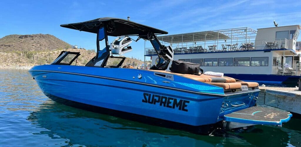Supreme Boats S-Series tied to dock